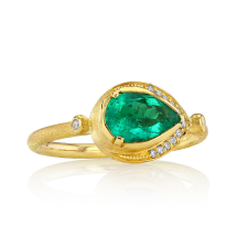 Small Teardrop Emerald Ring with Diamond Halo